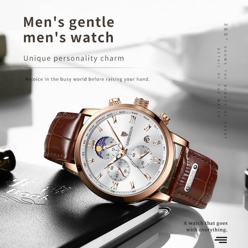LG8953 LIGE men's quartz watch, six-hand calendar movement, high-end quartz watch, water-resistant watch, top brand, leather strap, zinc alloy case, 24-hour moon phase indicator